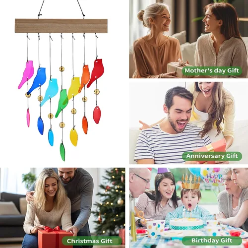 Vista 7 de Campanas de viento de vidrio coloridas para jardín y patio al aire libre - Campana de viento con diseño de pájaro hecha a mano, regalo perfecto