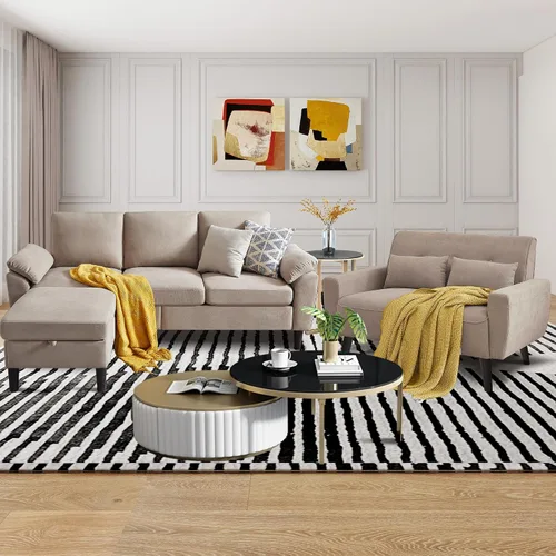 Vista 3 de Juego de sofá modular convertible de 79 pulgadas, moderno sofá pequeño en forma de L de lino con otomana reversible y sofá biplaza, sofás de 3 Beige