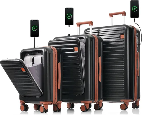 Vista 53 de Merax Juego de equipaje rígido ABS expandible de 3 piezas con rueda giratoria Maleta TSA Lock Suit Case, Negro -, Juego de 2 piezas, Equipaje