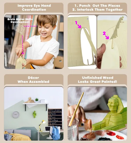 Vista 3 de Puzzled Rompecabezas 3D Esfinge de madera para manualidades, kit de modelo de construcción, único, divertido y educativo, juguete de madera