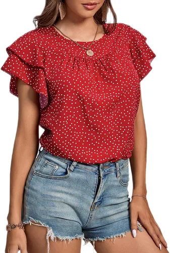 Vista 4 de LYANER Blusa de manga corta con cuello redondo y volantes para mujer