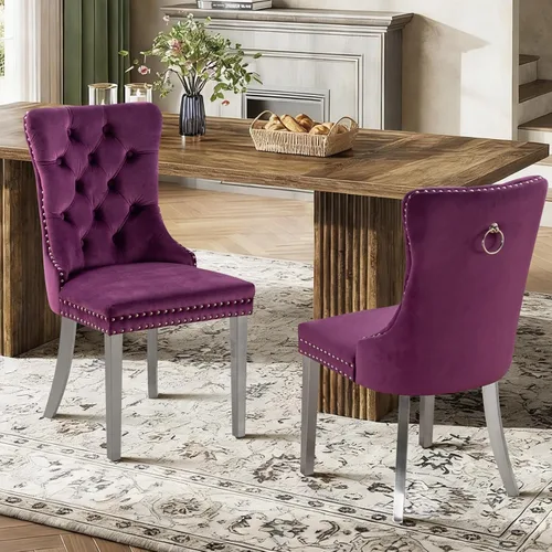Vista 104 de Juego de 2 sillas de comedor de terciopelo con patas de madera, color beige Mid Century Modern Dining Chairs,Upholstered Chairs with Nailhead