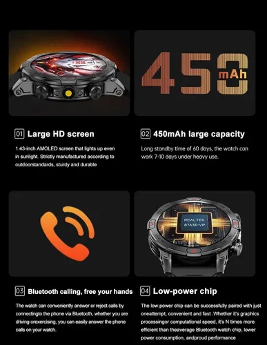 Vista 3 de Reloj inteligente para Google Pixel 7 Pro - con linterna LED, pantalla AMOLED de 1.43 pulgadas, reloj inteligente al aire libre
