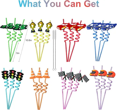 Vista 4 de 24 popotes reutilizables para decoración de fiesta de cumpleaños, suministros para fiestas de cumpleaños, marcadores de bebidas con 2 cepillos