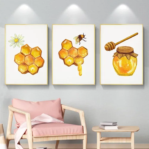 Vista 5 de Impresión de abejas antiguas cartel natural chino miel abeja arte de la pared lienzo impresión imágenes amarillo abeja decoración del hogar