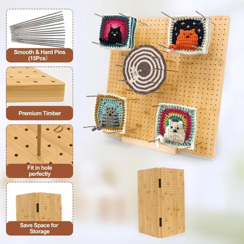 Vista 2 de Tabla de Bloqueo Cuadrada de la Abuela de 15.75" x 15.75" Plegable, Tablas de Bloqueo de Bambú para Proyectos de Ganchillo con Clavijas, Tablas