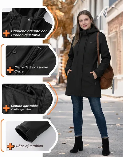 Vista 3 de 33,000ft Chaqueta larga Softshell para mujer con capucha, forro polar, resistente al viento, cálida, impermeable, rompevientos Negro