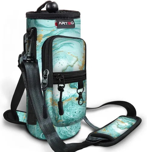 Vista 11 de ARTSO Bolsa de transporte para botella de agua con bolsillo para teléfono, funda de neopreno para botella de agua, bolsa con correa ajustable