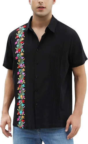 Vista 8 de Camisas mexicanas para hombre, camisa de manga corta bordada con botones y cuello de guayabera tradicional Alebriges Negro