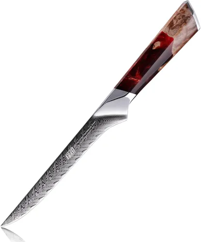 Vista 10 de FINDKING Nebula Series - Cuchillo de cocina con funda de ABS, cuchillo pequeño versátil, hoja de damasco 10Cr15CoMov, mango de resina y sicomoro Azul