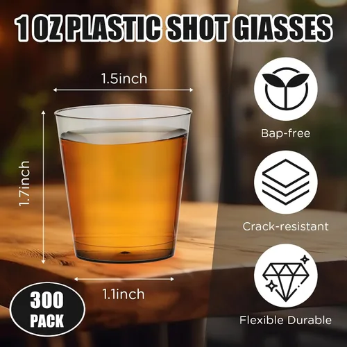 Vista 2 de Tioncy 300 vasos de chupito de plástico de 1 onza, reutilizables para bodas, fiestas, muestras y degustaciones, color negro