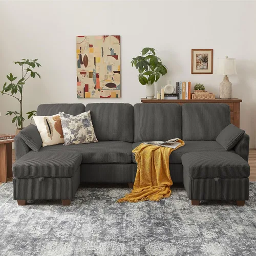 Vista 24 de Sofá en forma de U de 102.3 pulgadas con 2 otomanas móviles y 1 mesa auxiliar, se convierte en sofá cama, incluye 2 almohadas para reposabrazos