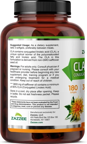 Vista 9 de Zazzee CLA 3600 de alta potencia, 180 cápsulas blandas, 3600 mg por porción, ácido linoleico conjugado de aceite de cártamo, concentrado