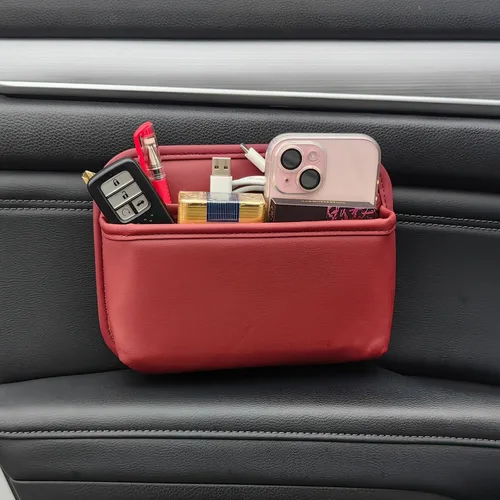 Vista 7 de Bolsa de almacenamiento para automóvil del conductor, organizador de bolsillo lateral pequeño para asientos de automóvil, puertas y consolas, cuero