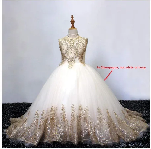Vista 2 de Vestido de fiesta de tul de encaje dorado para niñas, vestido de baile largo hinchado