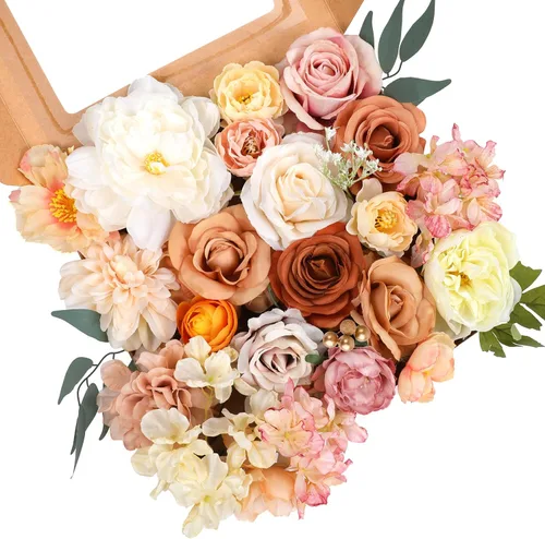 Vista 15 de AmyHomie - Juego de flores artificiales azules, mezcla de seda, peonía, rosa, hortensia, flores falsas con tallo para bricolaje, ramos de boda