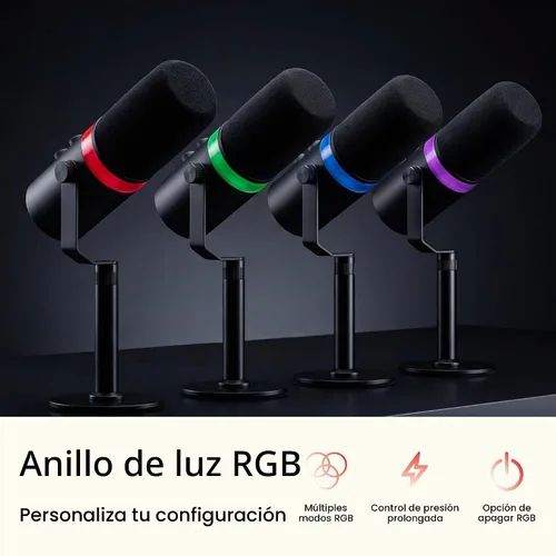 Vista 3 de Pyle Micrófono dinámico USB/XLR para podcasting, transmisión y juegos, micrófono de grabación cardioide con iluminación RGB, botón de silencio