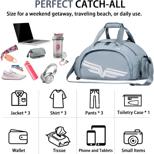 Vista 6 de FIORETTO Bolsa de deporte para hombre con bolsillo húmedo y compartimento para zapatos, ideal para viajes, gimnasio, deportes, natación, B-azul