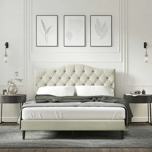 Vista 10 de Glenwillow Home OROS - Marco de cama tapizado con plataforma copetuda, respaldo copetudo, base de colchón, soporte de listones de madera, no Gris