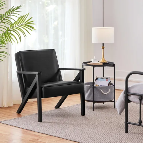 Vista 4 de Yaheetech Silla decorativa, silla de lectura de piel sintética, silla moderna de mediados de siglo con marco de madera maciza para sala de estar