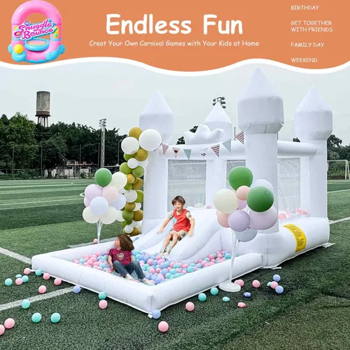 Vista 10 de Casa inflable saltarina blanca de 12.5 pies x 7.1 pies con tobogán y piscina de pelotas, juguetes para interiores y exteriores para niños activos