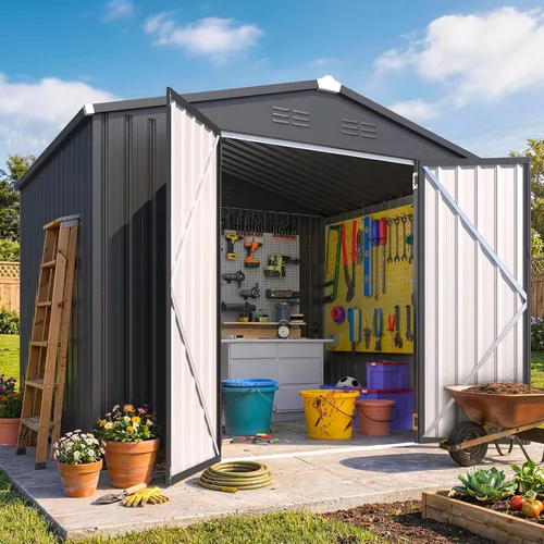 Vista 23 de AECOJOY Cobertizo de almacenamiento de metal para exteriores de 3 x 5 pies, cobertizo de herramientas de jardín resistente con puerta de gran
