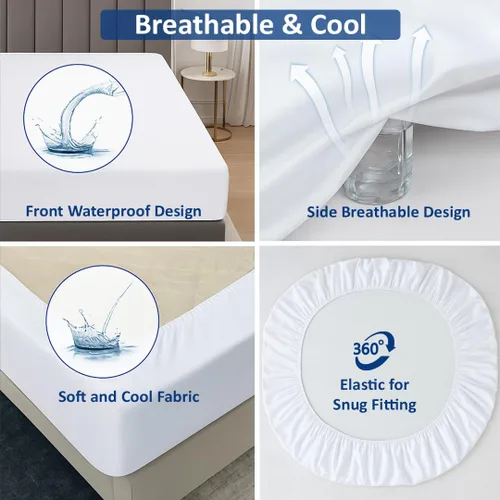 Vista 6 de Protector de colchón 100% impermeable tamaño individual, funda de rizo de algodón de alta calidad con bolsillos profundos elásticos, lavable a