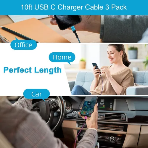Vista 6 de Cable USB tipo C para iPhone 15 17e de carga rápida, cable USB A a USB C de 10 pies de largo Fast Charging for iPhone 15 16 17 Pro Max Plus