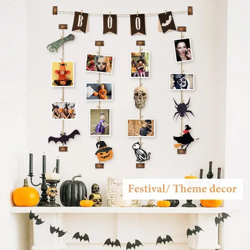 Vista 4 de Emfogo Decoración de pared para fotos, exhibición de fotos colgante de madera, decoración de 5 cuerdas con 30 clips, cordeles ajustables