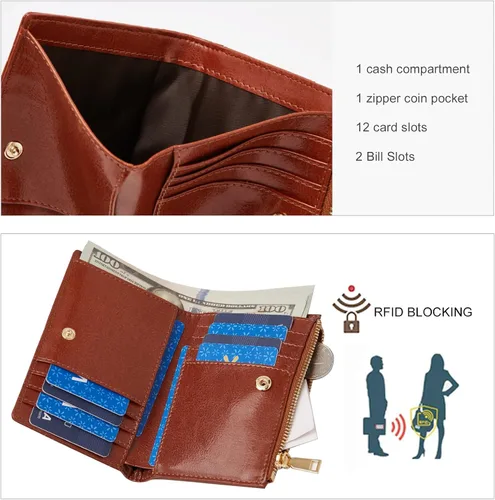 Vista 3 de FOXLOVER RFID pequeño cuero genuino titulares de tarjetas de crédito cartera para mujeres, señoras lindo cuero de vaca tarjeta caso, marrón