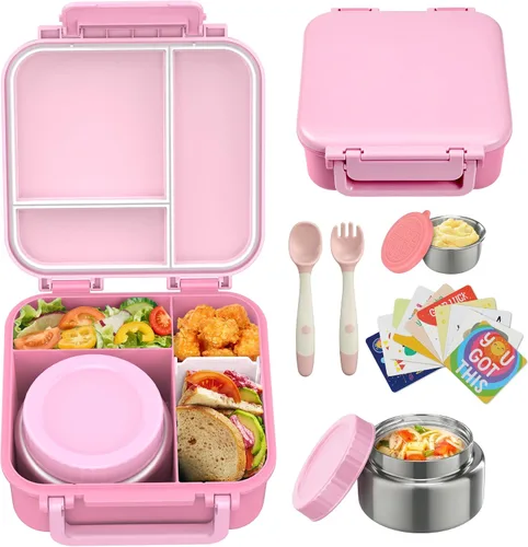 Vista 11 de Lonchera Bento para niños con contenedor térmico de sopa de 9 onzas, a prueba de fugas, 4 compartimentos con tarro de comida caliente aislado