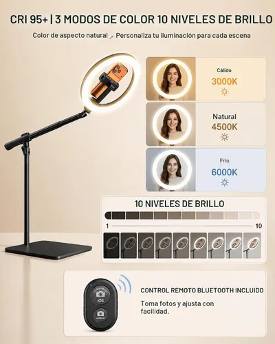 Vista 3 de Anillo de luz con soporte para escritorio, soporte de teléfono superior ajustable con trípode de luz de anillo de 10 pulgadas para iPhone, trípode