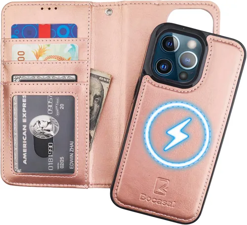 Vista 10 de Bocasal Funda tipo cartera desmontable para iPhone 13 Pro con bloqueo RFID, ranuras para tarjetas, soporte de cuero PU premium con soporte magnético