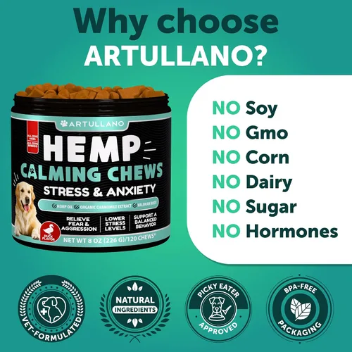 Vista 5 de Masticables calmantes de cáñamo para perros, masticables calmantes para perros, golosinas para aliviar la ansiedad del perro con aceite de cáñamo