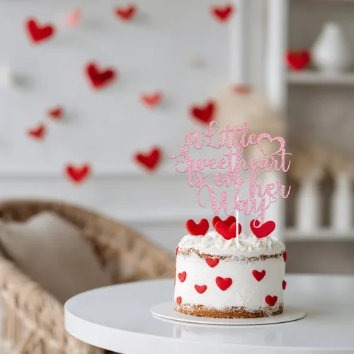 Vista 5 de Decoración para tartas "A Little Sweetheart is on Her Way" con purpurina rosa, nuestra pequeña novia, Oh Baby/Sweet Baby Girl, Día de San Valentín