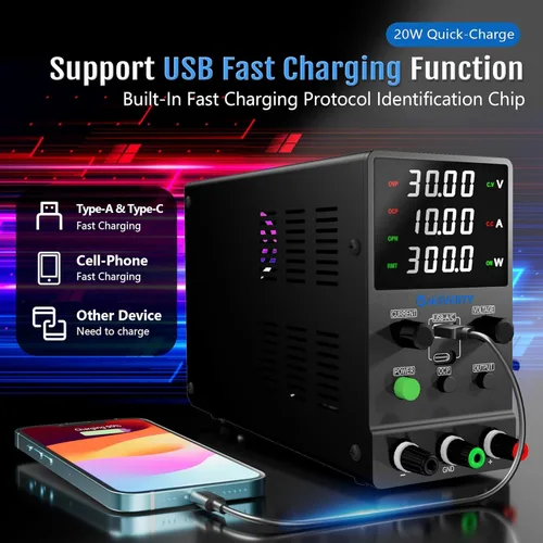 Vista 3 de Fuente de alimentación CC variable, fuente de alimentación de banco ajustable de conmutación CC regulada de 0-32 V 0-10 A con USB de 20 W y carga