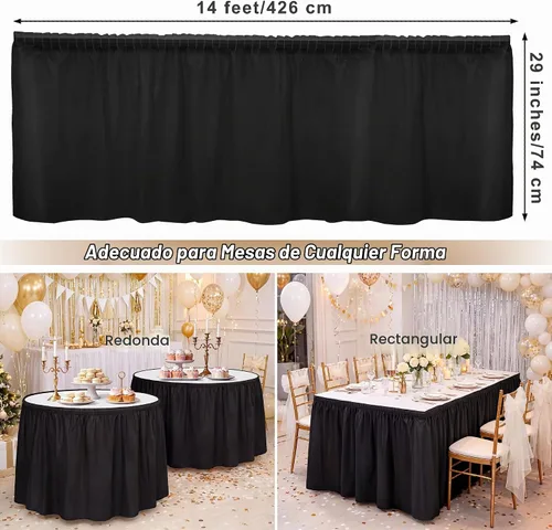 Vista 2 de TURSTIN 2 faldas de mesa de plástico negro de 14 x 29 pies para mesas rectangulares, mantel ajustable, mantel desechable para fiestas de cumpleaños