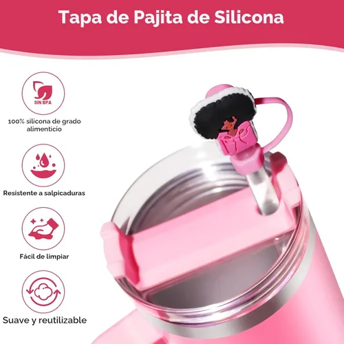 Vista 3 de 6 piezas de cubiertas de pajita rosa y negra para vaso Stanley, lindas tapas de pajita de silicona para 10mm de punta de pajita, accesorios