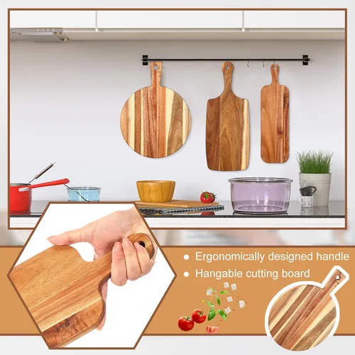 Vista 4 de Uiifan 3 tablas de cortar de madera de acacia con mango de madera para cortar charcutería, bandeja de servir en bloque de carnicero de varios