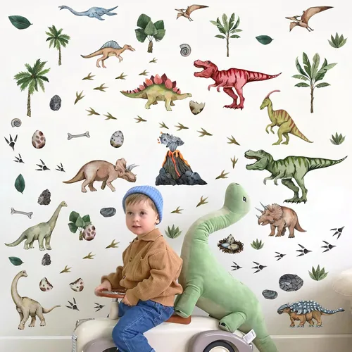 Vista 3 de Calcomanías de pared grandes de dinosaurio para despegar y pegar, calcomanías de pared de huellas de dinosaurio, hojas tropicales, palmeras