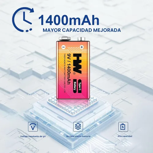 Vista 2 de HW Paquete de 4 baterías de 9 voltios, batería de litio recargable de 1400 mAh de 9 V con cable de carga rápida USB C, baterías cuadradas de más