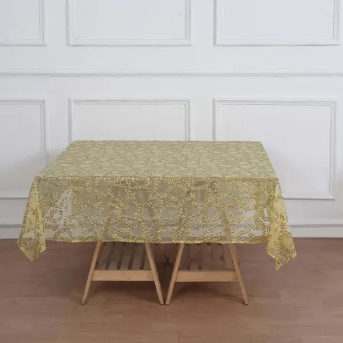 Vista 9 de Efavormart - Superposición de mesa de tul bordado de hojas de lentejuelas doradas de 72 x 72 pulgadas, mantel cuadrado transparente