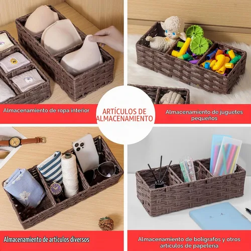 Vista 6 de Cesta de Papel para la Parte Superior del Tanque del Inodoro, Cesta Multiusos de Mimbre de Plástico Tejida a Mano, Contenedores con Divisor