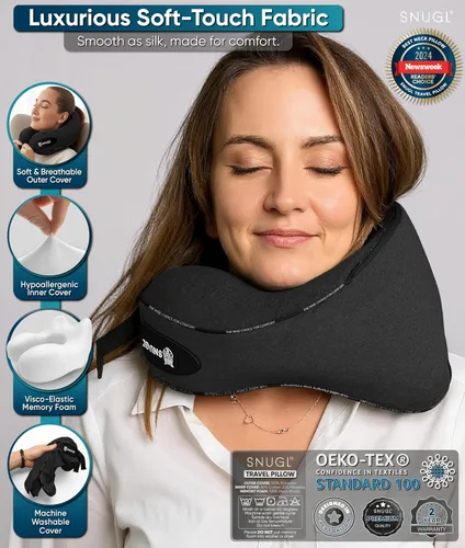 Vista 6 de SNUGL Almohada de viaje – Almohada cervical de avión, almohadas de viaje para aviones, almohadas cervicales de espuma viscoelástica – Esenciales