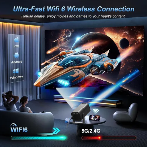 Vista 6 de Proyector Keystone automático inteligente con WIFI y Bluetooth, giratorio de 270°, mini proyector portátil AMX500, proyector 4K nativo 1080P