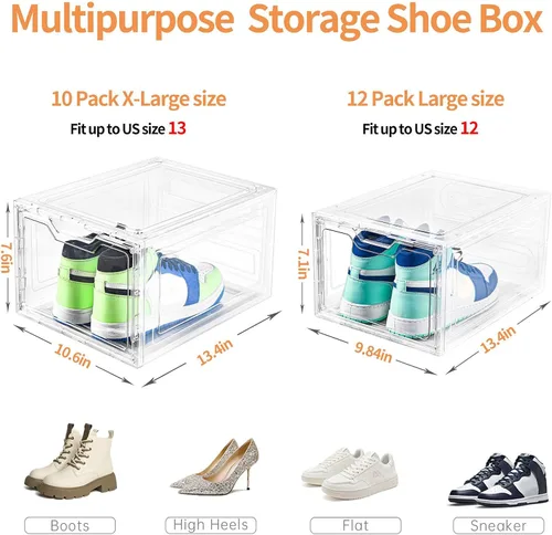 Vista 3 de Paquete de 10 cajas grandes para zapatos de plástico transparente apilables, organizador de almacenamiento de zapatos con tapas, estante