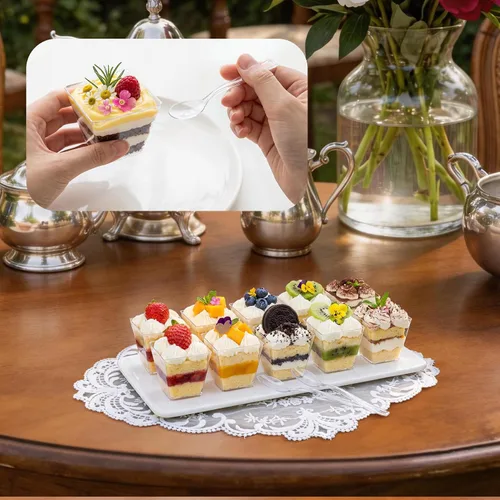 Vista 3 de HOMIP 60Pack 4oz Plastic Dessert Cups with Spoons (No lids), Parfait Cups Mini vasos cuadrados de plástico transparente para yogur, parfaits, pudín