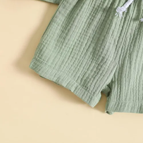 Vista 7 de Conjunto de 2 piezas de camiseta de algodón y lino de manga corta y pantalones cortos elásticos, 2 piezas, ropa casual de verano
