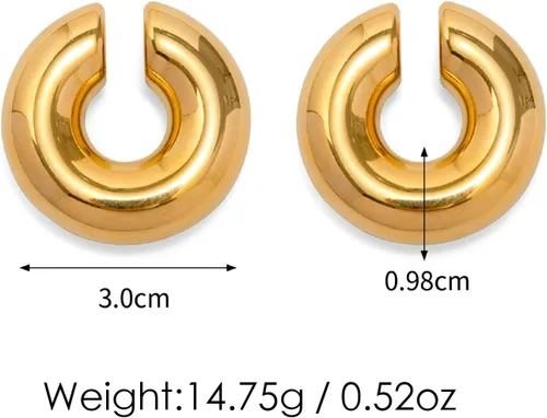 Vista 6 de Aretes gruesos para mujer, chapados en oro de 14 quilates, redondos, con clip, para cartílago, ligeros, gruesos, exagerados, joyería de moda