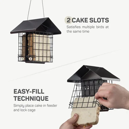 Vista 6 de Comedero para pájaros de sebo para exteriores [doble capacidad] Comedero para pájaros silvestres con techo de metal colgante, comedero de sebo